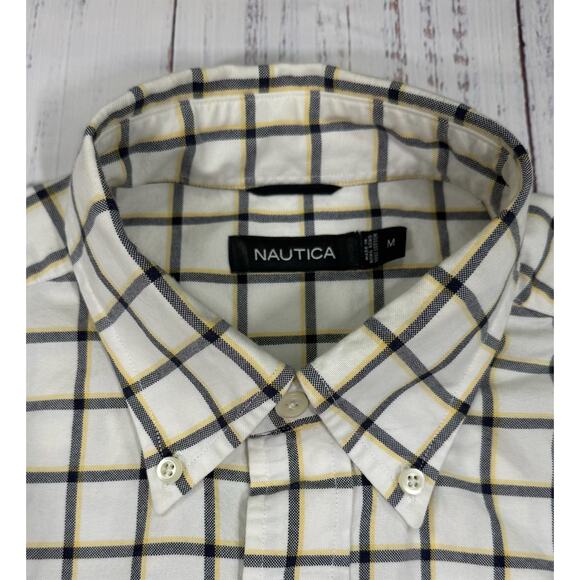 Nautica Shirt Mens Size M Button Up Long Sleeve Black Yellow Plaid Logo Casual - Picture 3 of 7